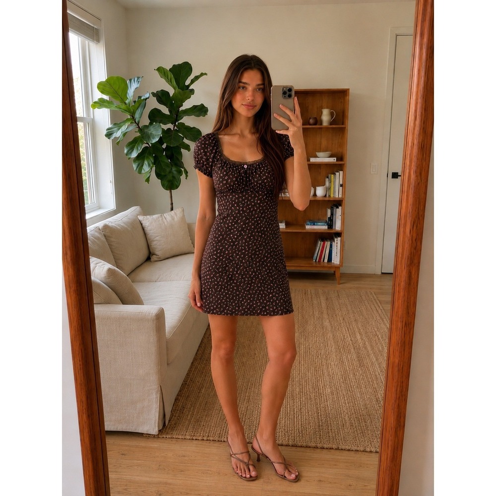Y2K Womens Floral Babydoll Mini Dress M Brown Ditsy Cottage Milkmaid‎ Romantic